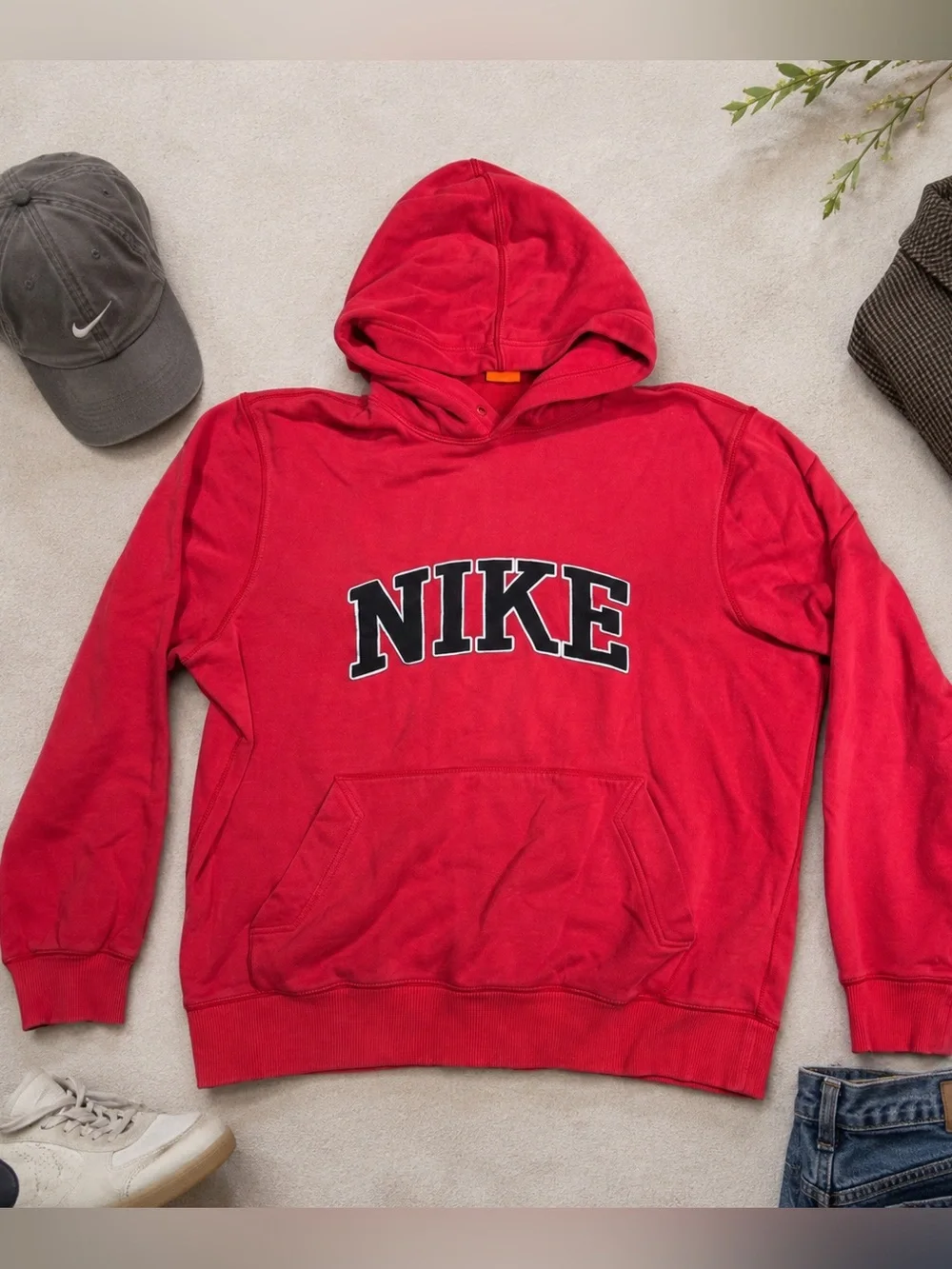 Vintage Nike Spellout Hoodie Men’s Large Red Y2K Embroidered Swoosh